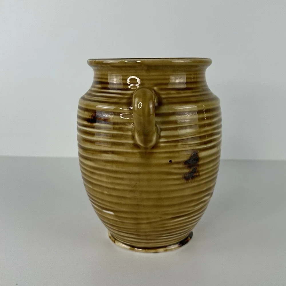Vintage Clay Pottery Ribbed Jar Handles Utensil Crock 7x5 Gold Yellow Primitive
